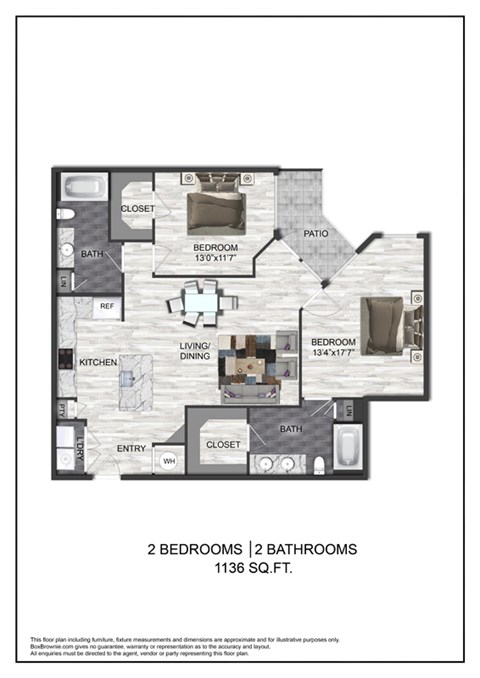 A floor plan of a two bedroom, two bathroom apartment.